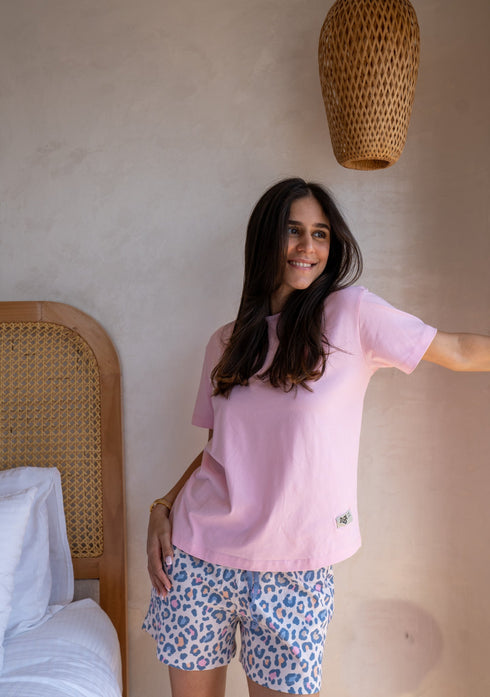 Women Summer Pajama set Rose T-shirt + Leopard Short